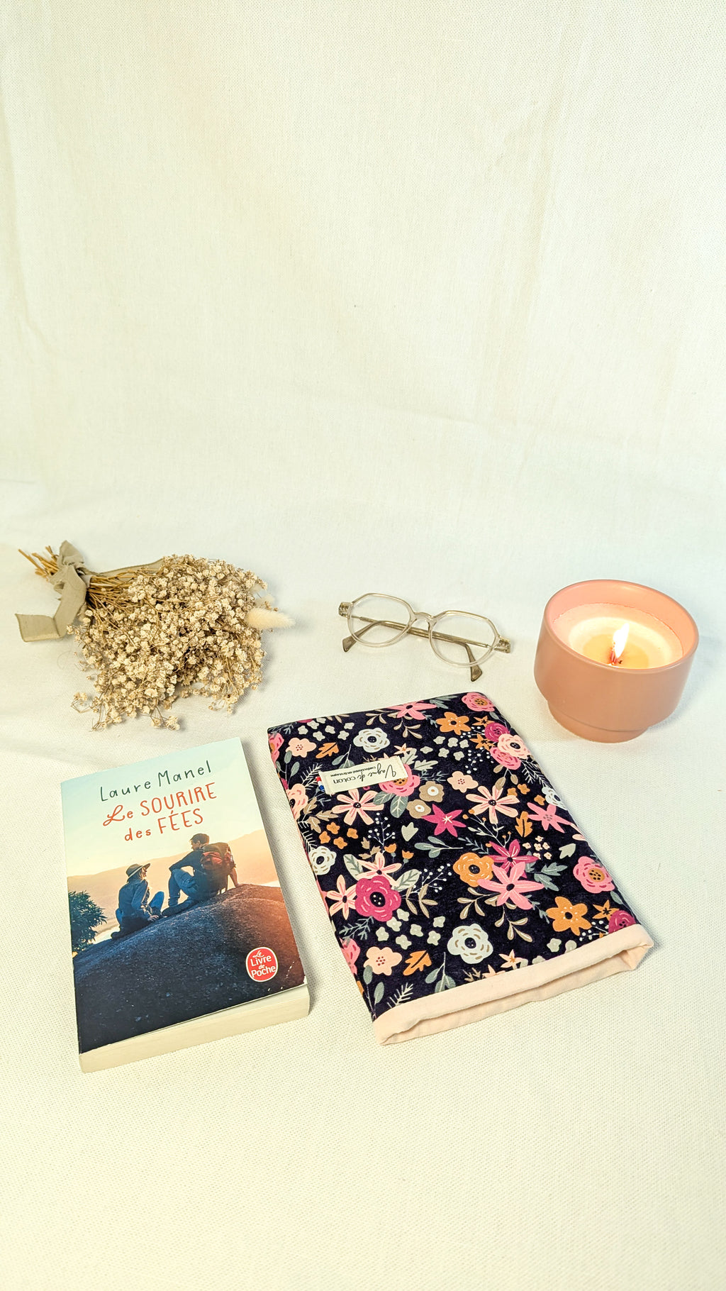 Pochette à livre Fleurs rose fond marine